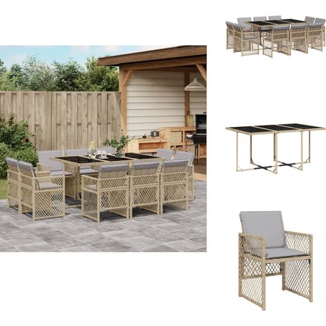 11-tlg. Garten-Essgruppe mit Kissen Beigemischung Poly Rattan - Garten Essgruppe - Garten Essgruppen - Outdoor Essgruppe - Terrasse Essgruppe (1/5)