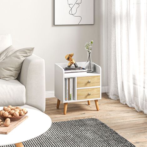 Comodino con 2 ampi cassetti e 1 ripiano a giorno e gambe rialzate in legno di pino, design nordico, 43x30x49 cm