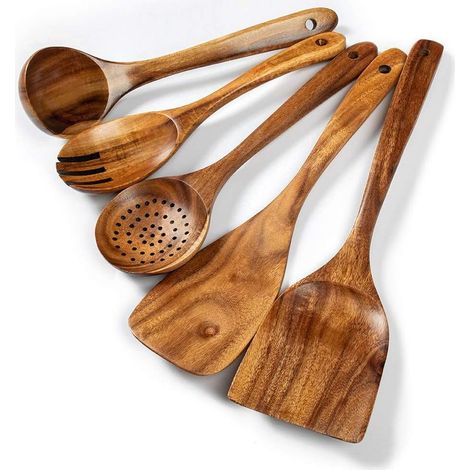 Ustensiles de Cuisine en Bois Teck - Set Premium 5 Pièces Facile à Nettoyer, Léger, Résistant Chaleur, Durable et Anti-Rayures- (1/5)
