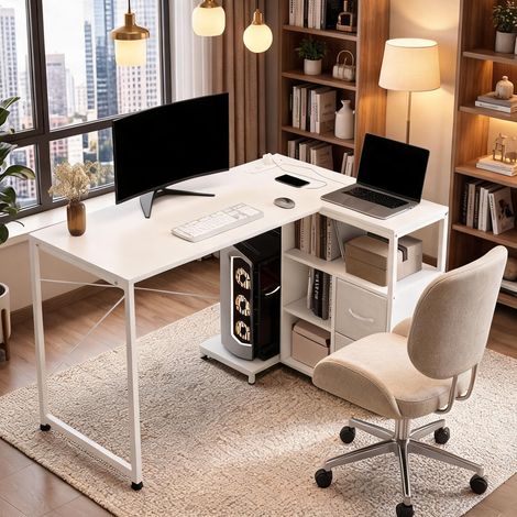 Bureau d'angle blanc avec prise intégrée et rangement (1/5)