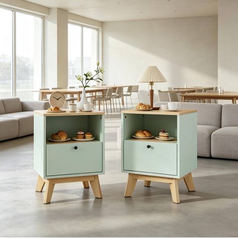 Lot de 2 tables de chevet MDF vert clair effet chêne avec 1 tiroir et niche ouverte (1/5)