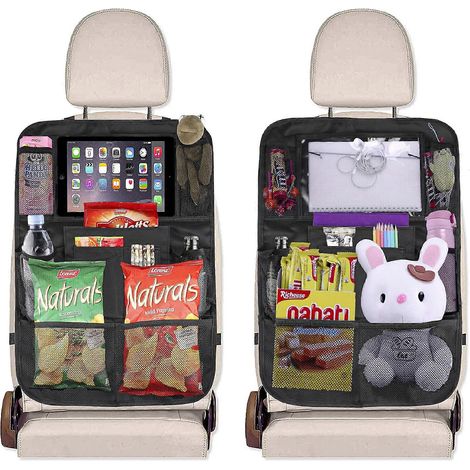 Schwarzer Rücksitz-Organizer mit Tablet-Halterung, 9 Staufächern, Kindersitz-Rückenlehnenschutz, Autoreisezubehör