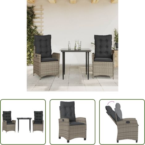 Gartenstuhl -  3-tlg. Garten-Essgruppe mit Kissen Grau Poly Rattan (1/5)