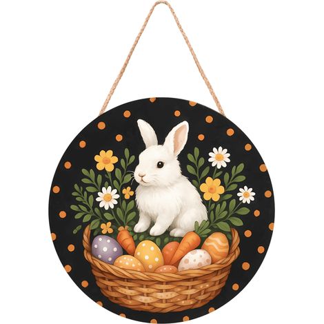 Panneau De Décoration De Pâques - Panneau En Bois Avec Lapin Et Œufs - Déco Murale Pour Porte D'Entrée Fenêtre Ou Porche - 1 Pièce (1/3)