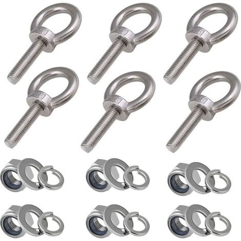 Boulons à œil M8 – Lot de 6 pièces – Acier inoxydable 304 – Longueur filetage 30mm – Écrous et rondelles de blocage inclus