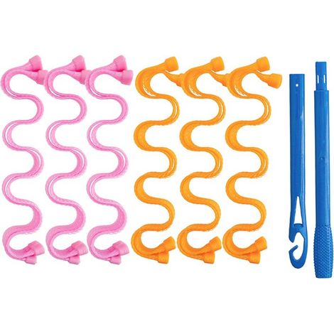 Ensemble de fers à friser, boucleur magique DIY 12 pièces, crée des boucles ondulées et spirales sans chaleur, convient aux femmes, cheveux courts et mi-longs, couleur rose-orange, 30 cm. (1/5)