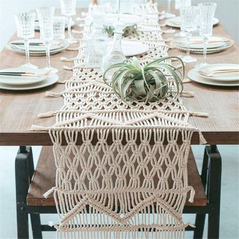 Lntyq Chemin de Table en macramé Beige rectangulaire Dentelle au Crochet élégante Nappe Creuse pour décoration de Mariage Rustique bohème & Baby Douche décoration Vintage maiso (33 x 150 cm)
