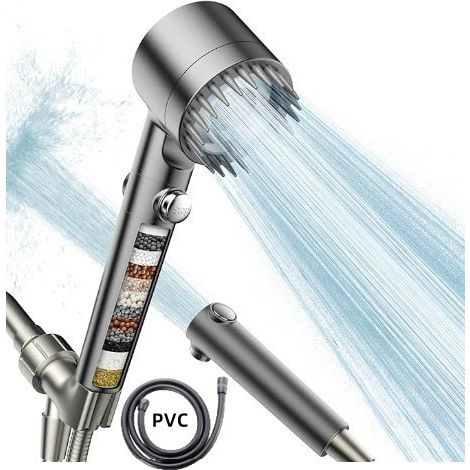 Hochdruck-Duschkopf mit Anti-Kalk-Filter, sparsame Handbrause mit 1,5 m Schlauch, 3 austauschbaren Düsen, Filter-Duschkopf mit Massagebürste für Duschraum (Silber)