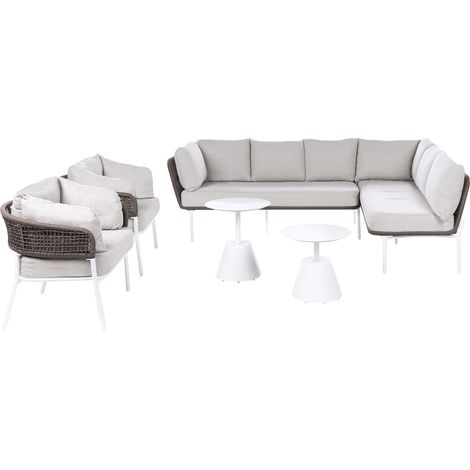 Conjunto de jardín de 7 plazas con sofá esquinero y sillones de estilo trenzado y 2 mesas de centro beige Robella