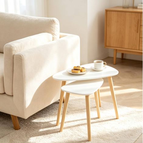 Table basse gigogne scandinave, lot de 2, MDF et pin, blanc et naturel HAVRYA (1/5)