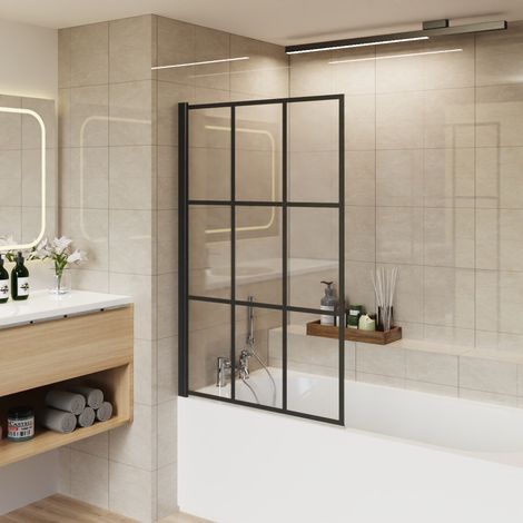 NRG 800 x 1400mm Black Grid Safety Bath Shower Screen Easy Clean Glass (1/5)