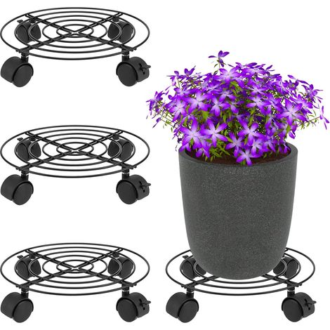Porte Plante à Roulettes - Lot de 4 Roulettes Rondes en Métal Noir 27 cm - Support pour Plantes en Pot Intérieur - Charge Max 40 kg - 2 Roues Verrouillables (1/5)