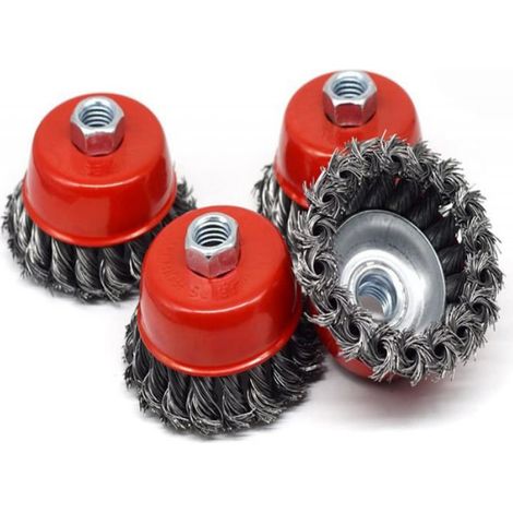 Lot de 4 brosses coniques torsadées pour meuleuse, brosse métallique coupelle de ponçage, Ø 75 mm, fixation M14x2 (1/5)