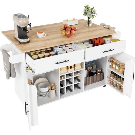 Desserte de Cuisine avec 2 Tiroirs, Rangement, Porte-serviettes et Plateau Rabattable, Bois Composite, 120 x 45 x 84 cm (1/5)