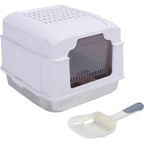 Bac à litière fermé pour chat, avec couvercle, cuillère, grande capacité, contrôle des odeurs, toilettes en acier inoxydable pour chat d'intérieur (1/5)