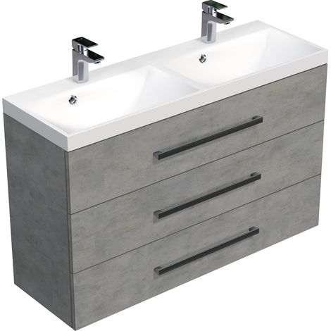 Naturel – Meuble sous vasque double 120x76,5x40 cm – CUBE21203BE – Couleur béton – 3 tiroirs – Vasque en résine blanche