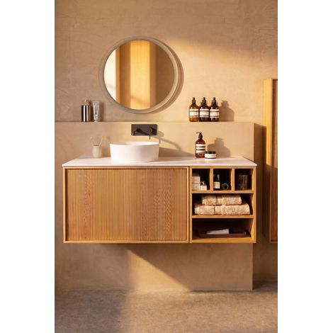 Meuble salle de bain suspendu ELOIZ L120 x H49 x P50 cm couleur chêne clair BASS  + plateau sans trou robinet