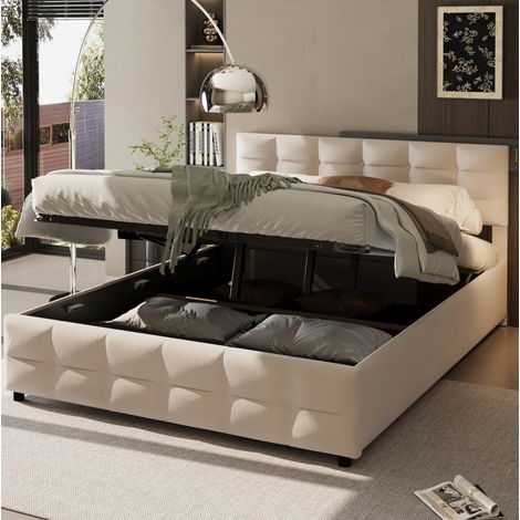 Letto contenitore 180x200 cm, letto matrimoniale imbottito con rete a doghe, in velluto olandese, beige