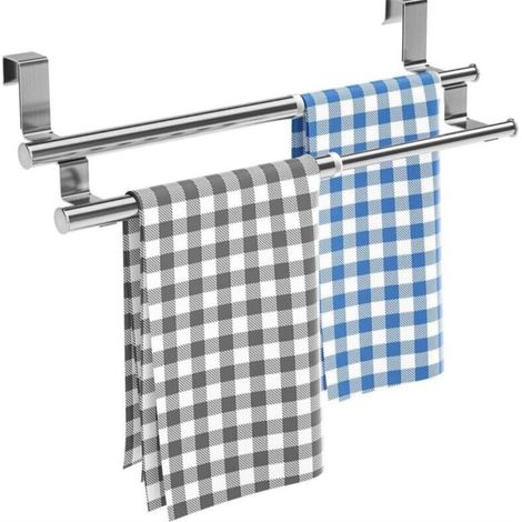 SABIR Porte Serviette, Porte Serviette Salle De Bain, Porte Torchon Cuisine sans Percage, Au-Dessus De La Porte Porte Serviette Extensible pour Salle De Bains, Acier Inoxydable, Argent (1/4)