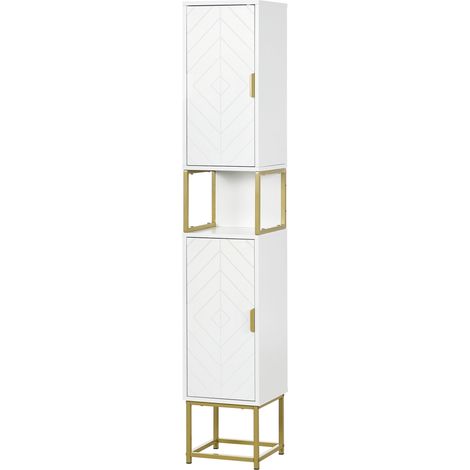 Colonna Bagno 2 Armadietti Ripiano MDF Acciaio Bianco Oro 30x30x170,7cm