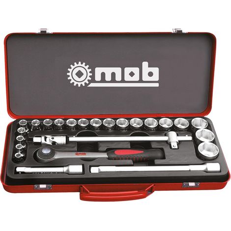 Mob Outillage – Coffret cliquet 1/2" 25 pièces 6 pans – Angle de rotation 5° – Douilles pour serrages puissants – Manche bimatière antidérapant