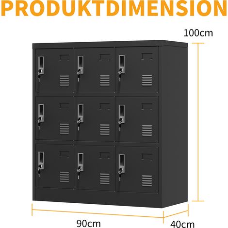 Armoire métallique à 9 portes pour bureau, salle de sport, école et maison - Armoire de rangement sécurisée avec fente pour cartes (noire), H 100 cm × L 90 cm × P 40 cm (1/5)