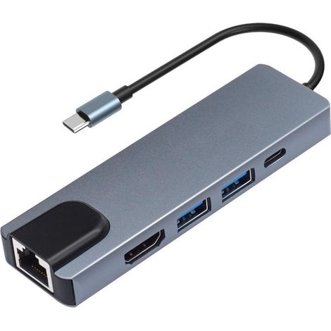 Adaptateur USB-C M2 TEC 5-en-1 : HDMI 4K + RJ45 100 Mbits/s + PD, charge rapide et extension de ports, couleur grise. (1/5)
