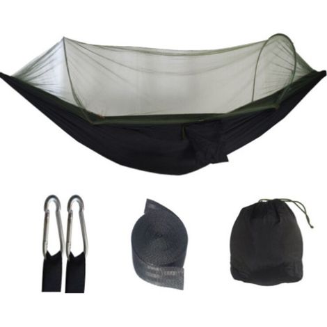Noir, design à ouverture rapide, 250 x 120 cm Hamac en nylon anti-basculement, hamac simple ou double d'extérieur, hamac parachute léger pour le camping, hamac en nylon avec moustiquaire