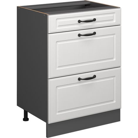 Mobiletto base per cucina R-Line, Bianco casa di campagna, 60 cm con cassetti, senza piano di lavoro, Vicco