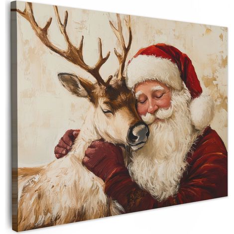 TABLEAU SUR TOILE Père Noël - Renne - Noël Décoration Murale 40x30 cm
