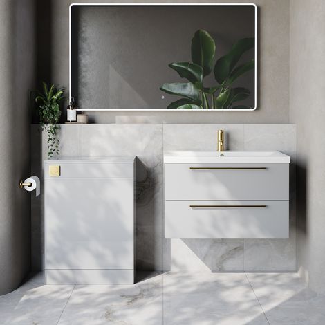 Napoli 390 Cento Gloss Grey Pearl 1400mm Wall Mounted 2 Drawer Vanity Unit and Toilet Suite with Glide Basin - 1400mm - Brushed Brass 480mm HandleWithout Kingston Toilet Pan