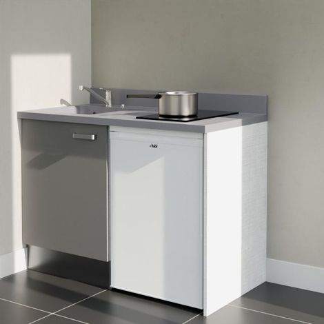 Kitchenette K08L - 120 cm - plan monobloc évier intégré Cromo- évier à gauche - Façades Gris + Electroménager inclus coloris Blanc