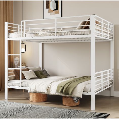 Litera 140x200 cm de metal en blanco mate con barrera de seguridad y escalera, estable y silenciosa (1/5)