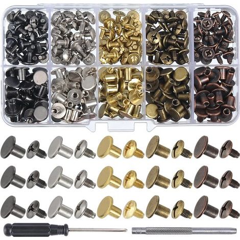 150 juegos de tornillos para cuero de 8 mm - Sujetadores metálicos de colores surtidos - Adecuados para cinturones, bolsos, zapatos, collares y trabajos en cuero. (1/5)
