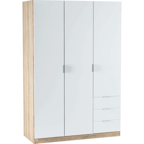 Armadio Guardaroba 3 Ante Con Asta Appendiabiti 3 Ripiani E 3 Cassetti Design Moderno Stile Nordico Salvaspazio Camera Da Letto Ospiti Multifunzione 121 x 52 x 180 Cm Bianco E Rovere (1/5)
