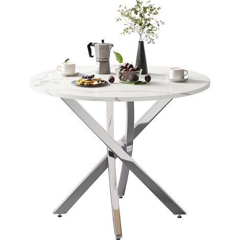 ELVMI Mesa de comedor redonda con 1 tablero, tablero efecto mármol y patas cromadas, en MDF, Blanco y Plata, 80 × 80 × 75 cm (1/5)