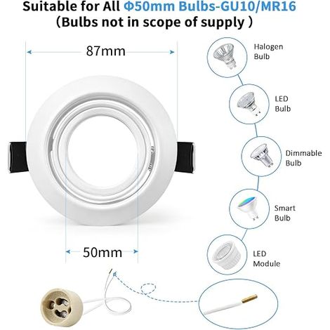 Cadre Spot GU10 Blanc, Orientable 45°, Cadre en Fer, Découpe 68-75mm, Ø87mm Plat, Douille GU10 Céramique 230V, sans Ampoule (1/4)