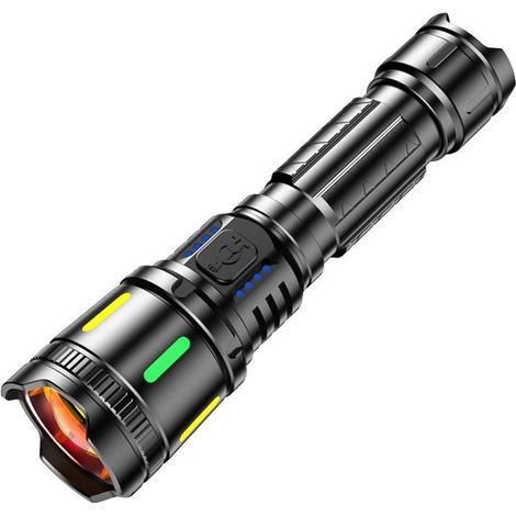 Lampe torche LED - Lampe torche - Lampe torche LED rechargeable - Zoom rétractable - Laser blanc - Longue portée - 750 lm - 4 modes d'éclairage - 15 W - 2000 mAh - Alliage d'aluminium noir (1/5)