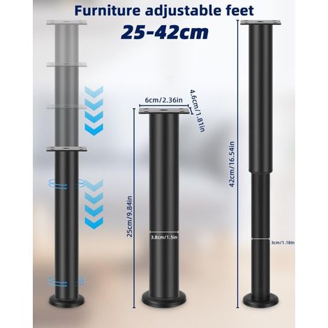 gambe per mobili, piedini di supporto per letto, piedini regolabili per mobili 25-42 cm, gambe per mobili per divano, gambe per divano, per tavolo, sedia, armadi, gambe per divano, letto, piedini per (1/4)