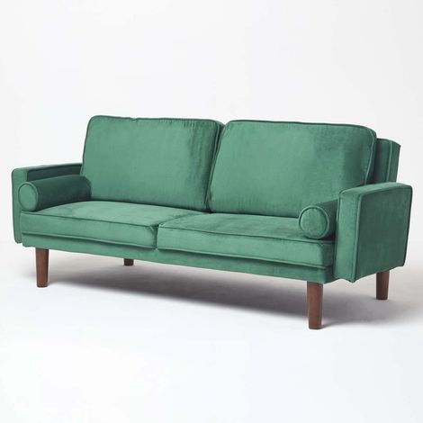 HOMESCAPES Stanley Velvet Click Clack Sofa Bed with Armrests, Dark Green (1/5)