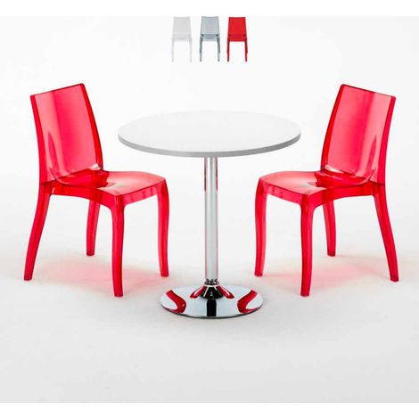 Table Ronde Blanche 70x70cm Avec 2 Chaises Colorées Et Transparentes Set Intérieur Bar Café Cristal Light Silver - Rouge transparent (1/5)