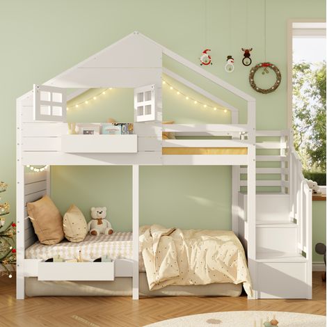 Kinder-Etagenbett 90x200 cm mit Stauraum, Fenster, Massivholz Kiefer und MDF, Weiß, OKWISH (1/5)