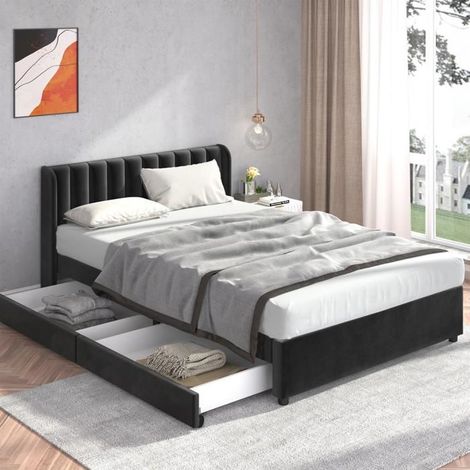 Lit double - Noir - 140 x 200 cm - Velours - Avec tiroirs - Style Scandinave (1/5)