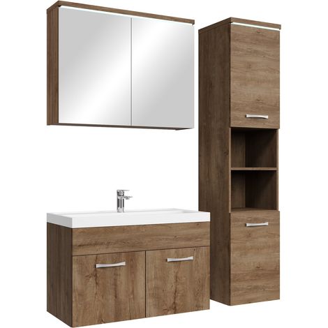 Badezimmer Badmöbel-Set Paso LED 80cm Waschbecken Braun Eiche - (1/5)