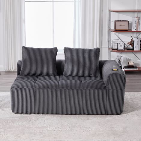 Sofá de 2 plazas (158x93x61 cm), con bolsillos laterales y portavasos, tejido de pana gris oscuro (1/5)