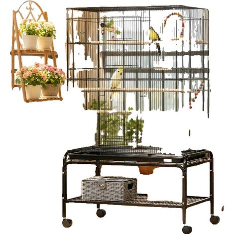Jaula para pájaros, acero con recubrimiento en polvo, 81 x 51 x 135 cm, múltiples puertas de acceso, comederos y bebederos integrados, bandeja extraíble. (1/5)