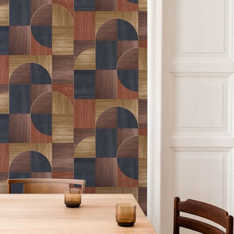 Papier peint intissé Cercles de bois 1005 x 52cm Marron, anthracite, rouille
