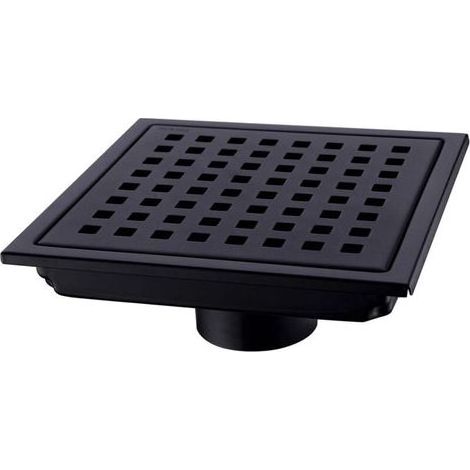 Lntyq – Siphon de douche carré 15x15 cm – Acier inoxydable plaqué noir – Grille amovible – Sortie inférieure 5,1 cm pour haut débit (1/4)