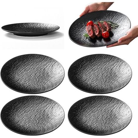 Juego de 4 platos llanos reutilizables de melamina negra, ideales para el desayuno, la cena y las ensaladas, 20,2 cm de diámetro. (1/5)