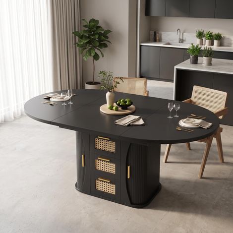 FurnitureR Black Wood Square Dining Table 118 to 158cm Rattan Drawers (1/5)